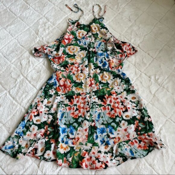 Zara Basic | Z1975 Denim Floral Halter Ruffle Sleeveless Mini Dress | Size Large - Picture 5 of 12